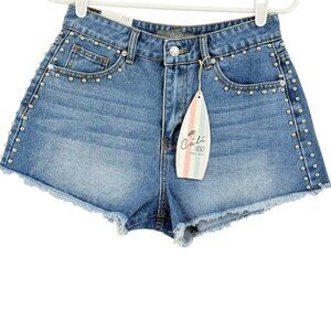 Cali 1850 Women's Frayed Hem Studded Blue Denim Shorts Size 7/28 NWT